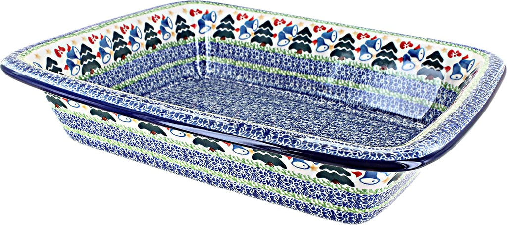 Blue Rose Polish Pottery - Blue Winter Bells Medium Rectangular Baker - 12.25' x 10' - Unique, Dishwasher Safe, & Durable Bakeware