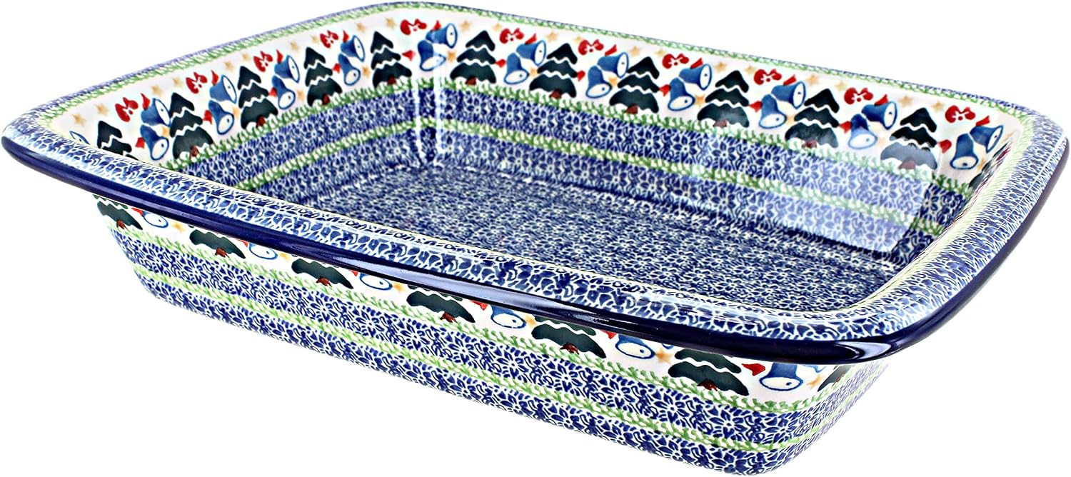Blue Rose Polish Pottery - Blue Winter Bells Medium Rectangular Baker - 12.25' x 10' - Unique, Dishwasher Safe, & Durable Bakeware