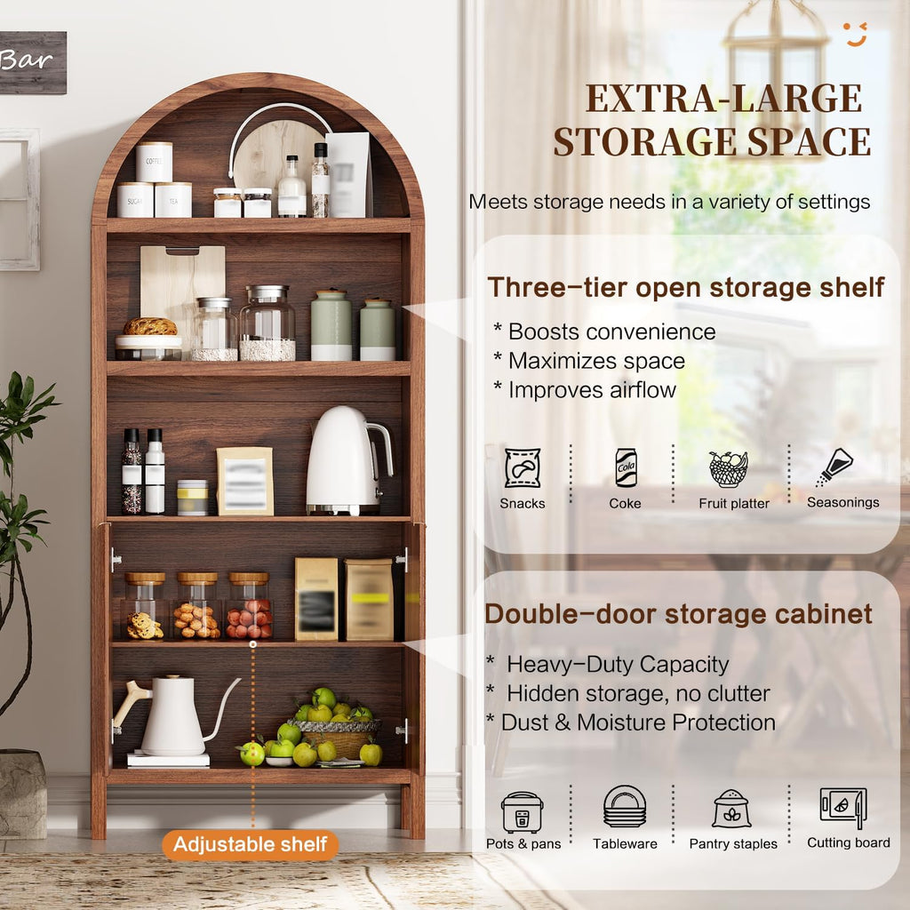 Ieejdn 71' Tall Arched Kitchen Pantry,Modern Fluted Wood Storage Cabinet with Doors,Adjustable Shelves,Organizer, Versatile Cupboard for Kitchen,Living Room,Dining Room,Bathroom,Walnut3