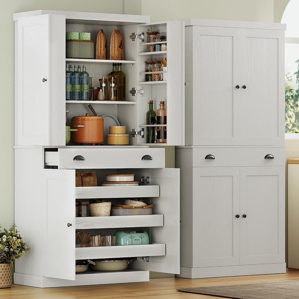 IRONCK Kitchen Pantry Cabinet 72' Height, Freestanding Cupboard with Drawer, Sliding Storage Rack, and 6 Hanging Shelves for Dining Room, Laundry, White