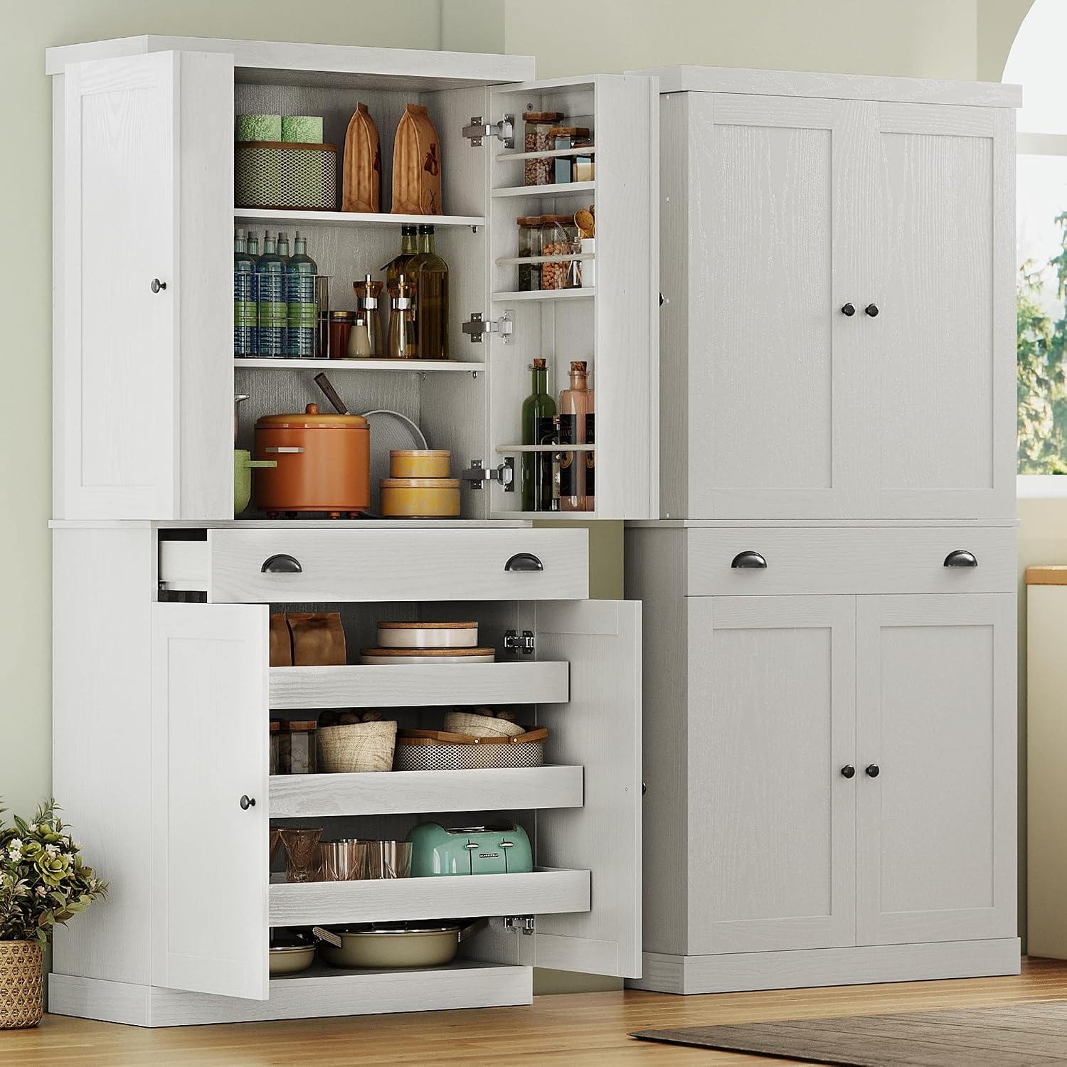 IRONCK Kitchen Pantry Cabinet 72' Height, Freestanding Cupboard with Drawer, Sliding Storage Rack, and 6 Hanging Shelves for Dining Room, Laundry, White