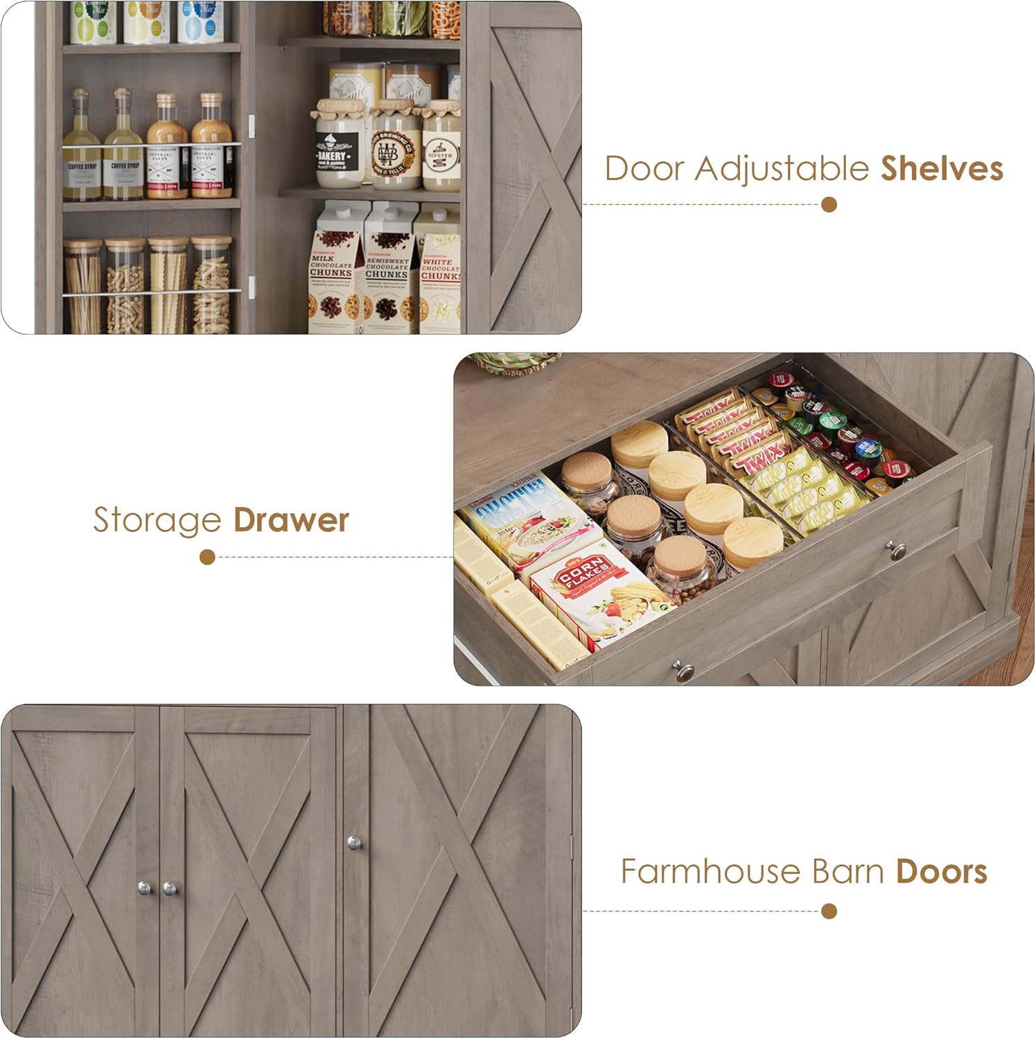 HIFIT 72.8' Tall Kitchen Pantry Cabinet with LED & Charging Station, 55' Wide Farmhouse Pantry Cabinet with Microwave Stand&Shelves&Swing-Out Door, Kitchen Hutch Coffee Bar for Living Room, Grey