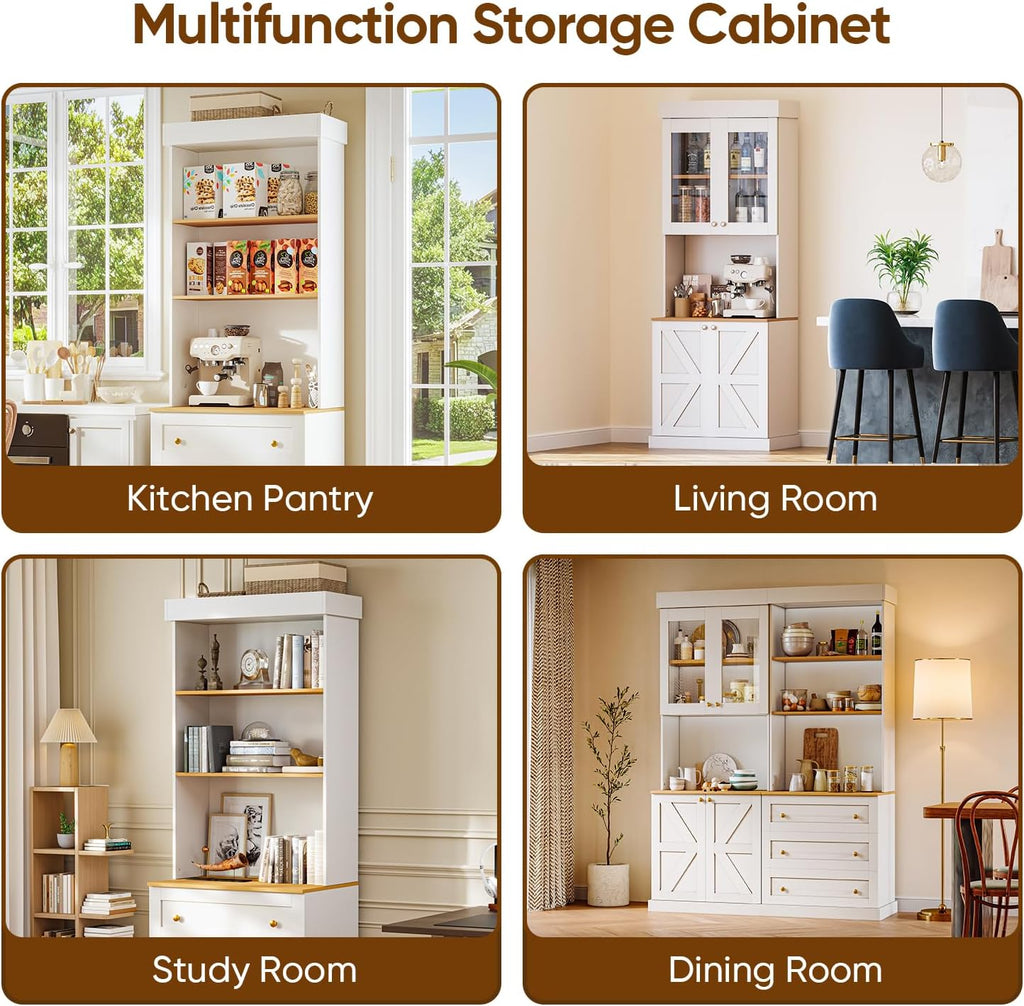 71' Tall Farmhouse Kitchen Pantry, Large Storage Cabinet with Glass Doors and Drawers, Freestanding Coffee Bar Hutch with Microwave Stand, Adjustable Shelves for Kitchen, Living Room, White 4 Pcs