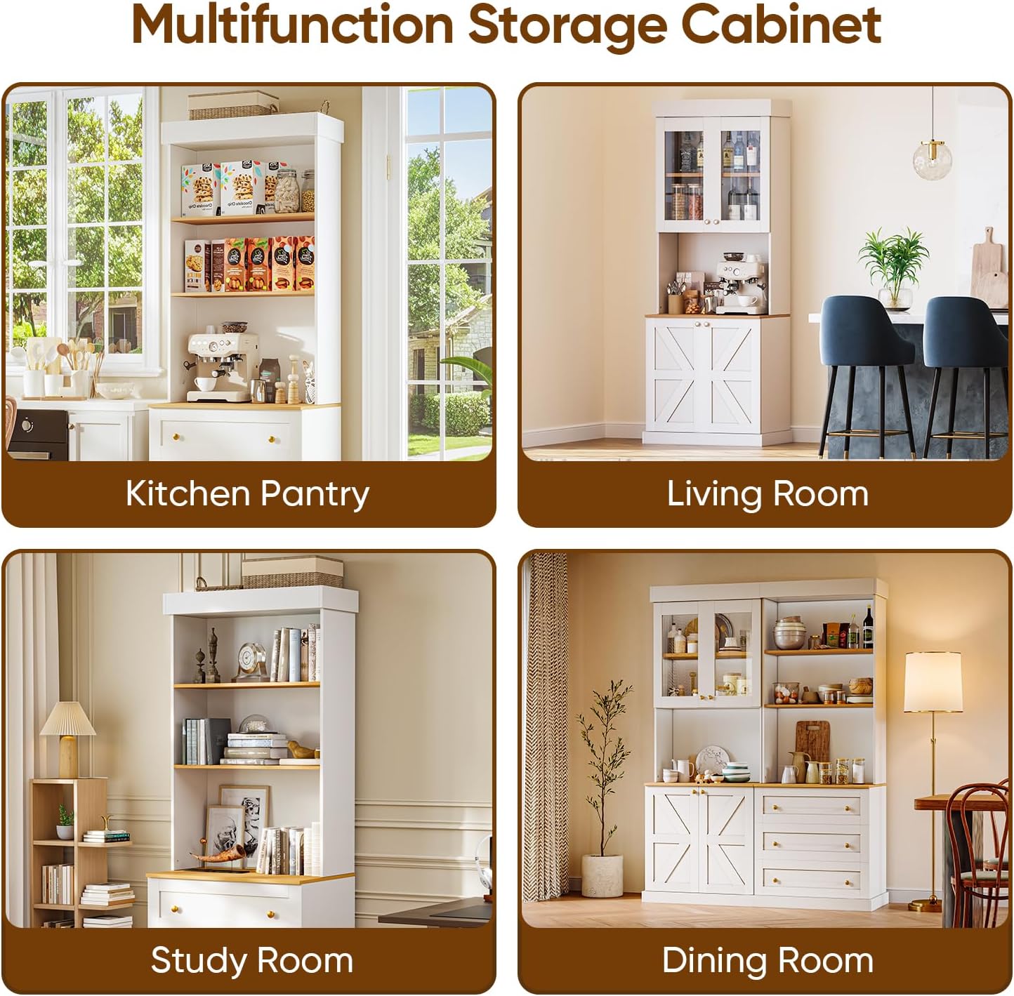 71' Tall Farmhouse Kitchen Pantry, Large Storage Cabinet with Glass Doors and Drawers, Freestanding Coffee Bar Hutch with Microwave Stand, Adjustable Shelves for Kitchen, Living Room, White 4 Pcs