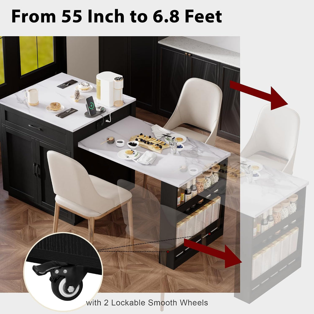 82.7 inches Kitchen Island with Extendable Table, Faux Mable Table with Double-Sized Storage, Power Outlet, 2 Drawers, 2 Side Open Shelves for Kitchen, Dining Room for 4-6 Person, Black