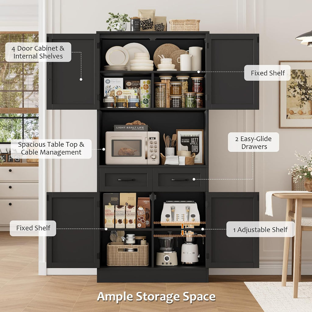 HOSTACK 71' Tall Kitchen Pantry Storage Cabinet, Modern Kitchen Hutch Bar Cabinet with Microwave Stand, Wood Buffet Sideboard with Hutch, Cupboard with Drawers, Shelves for Dining Room, Black