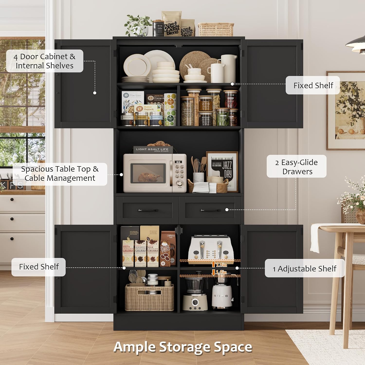 HOSTACK 71' Tall Kitchen Pantry Storage Cabinet, Modern Kitchen Hutch Bar Cabinet with Microwave Stand, Wood Buffet Sideboard with Hutch, Cupboard with Drawers, Shelves for Dining Room, Black