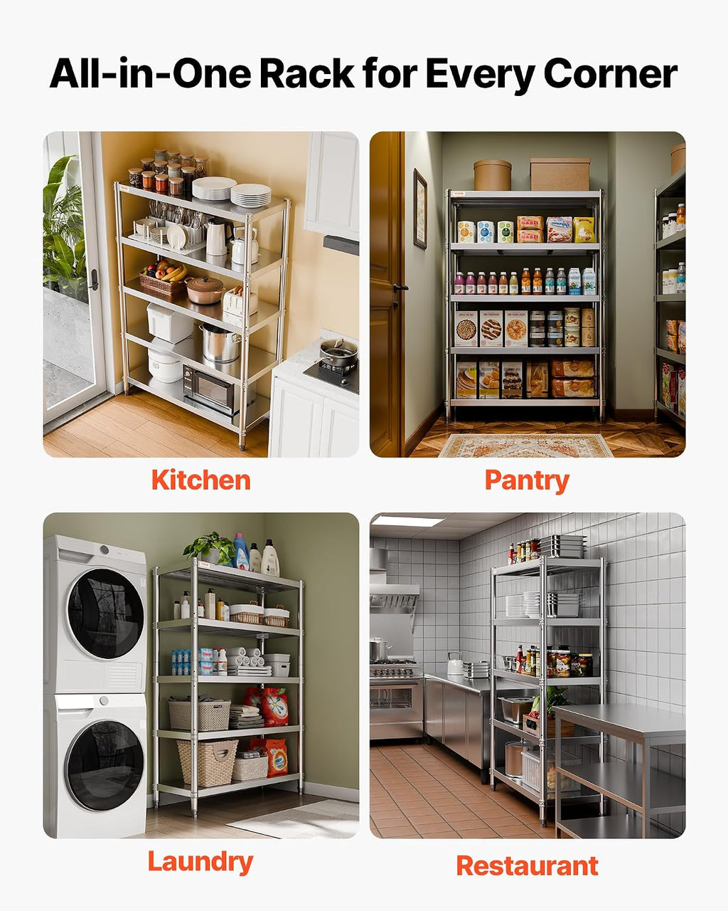 VBENLEM Stainless Steel Shelves 48x18.5 Inch 5 Tier Adjustable Shelf Storage Unit Stainless Steel Rack Shelving Heavy Duty Shelving for Kitchen Commercial Office Garage Storage 330lb Per Shelf