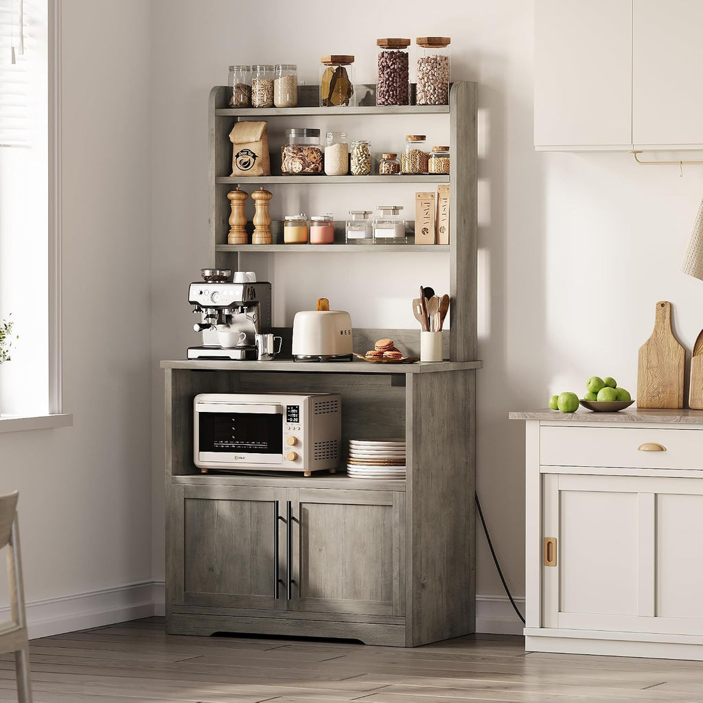 Bakers Rack with Storage Cabinet, Farmhouse Microwave Stand with Power Outlets, Small Kitchen Bakers Rack with Thick Table Top, Coffee Bar Station for Dining Room, Retro Gray