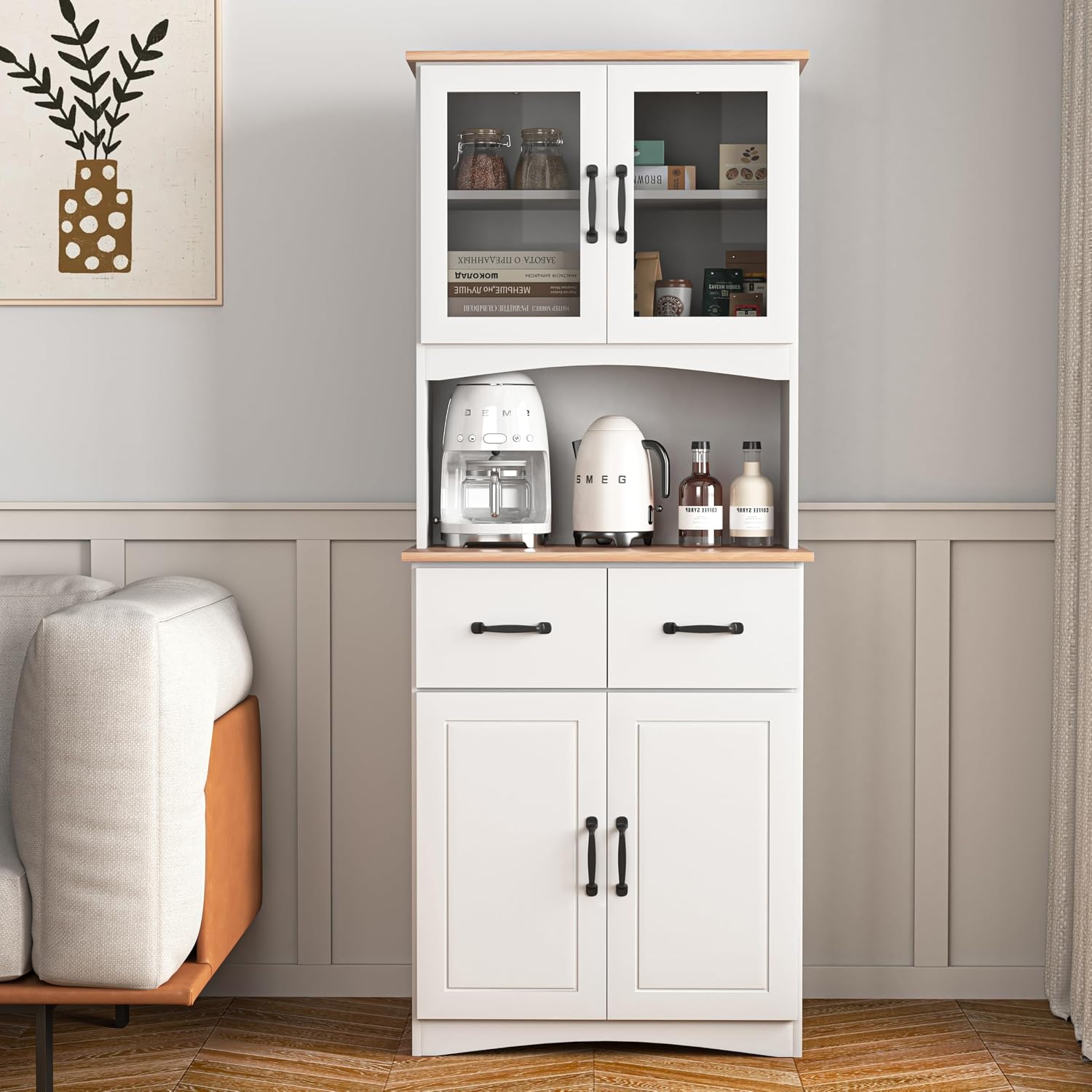 Kitchen Pantry Cabinet, 67' H Wooden Microwave Cabinet with Storage, Display Sideboard with Glass Door and Drawer, Modern Kitchen Storage Rack for Home, Office,Pantry
