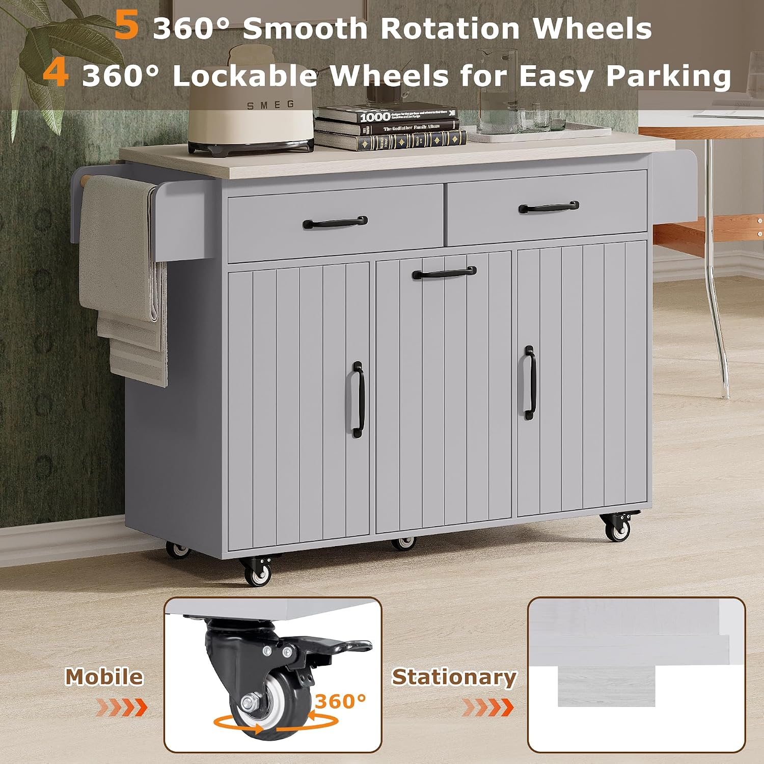 Farmhouse Kitchen Island with Trash Can Storage Cabinet, Kitchen Cart with Drop Leaf, Spice Rack, Towel Rack and Drawer, Rolling Kitchen Island on Wheels with Adjustable Shelf (Grey1)