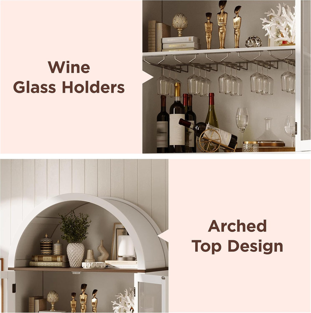 Maupvit Arched Wine Cabinet with Glass Door, 72' Tall Coffee Bar Cabinets with Wine Rack, Liquor Cabinet for Home, Kitchen Pantry Cupboard for Dining Living Room (White)