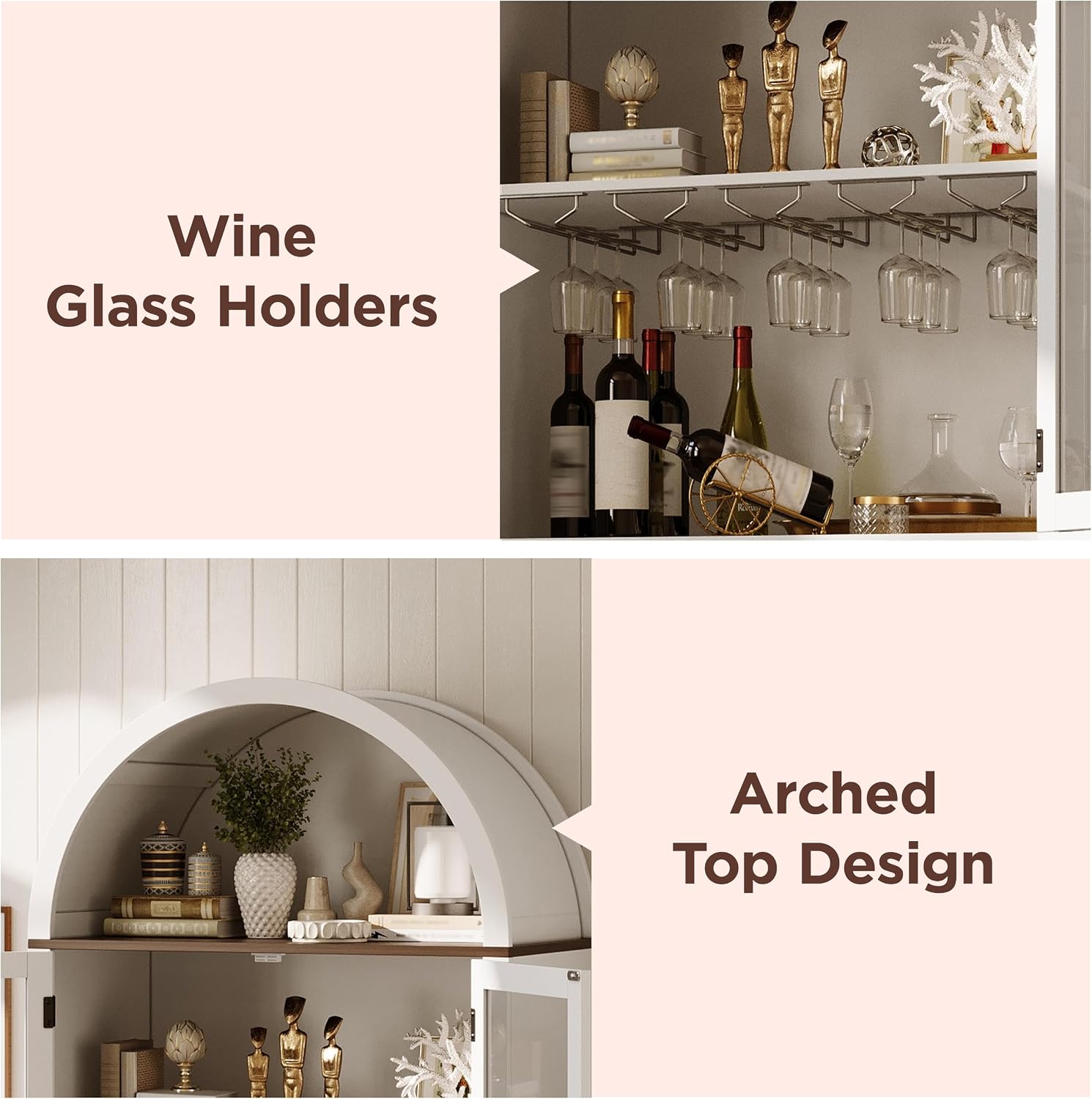 Maupvit Arched Wine Cabinet with Glass Door, 72' Tall Coffee Bar Cabinets with Wine Rack, Liquor Cabinet for Home, Kitchen Pantry Cupboard for Dining Living Room (White)