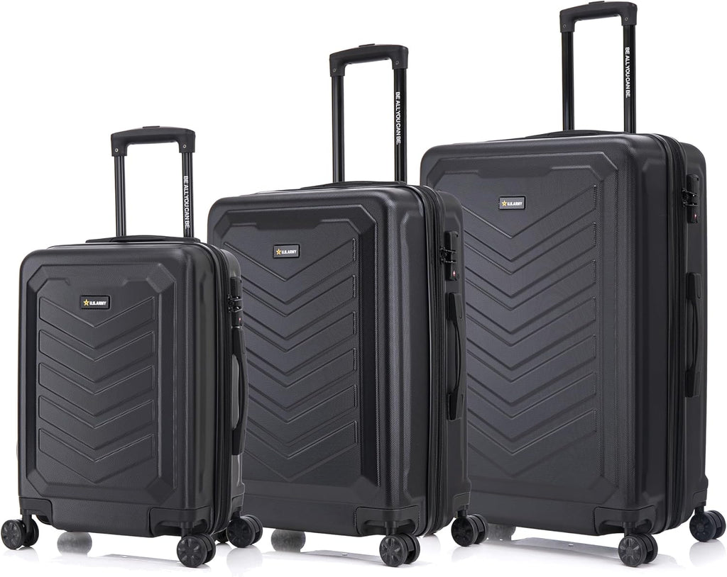 US ARMY Fox Pro 3 Pcs Set Expandable Suitcase with TSA Lock | 20, 24, 28 inch Lightweight Hardshell Luggage with Spinner Wheels, Chevron Icon, Gel Handle, Retractable Trolley, Side Studs | Black
