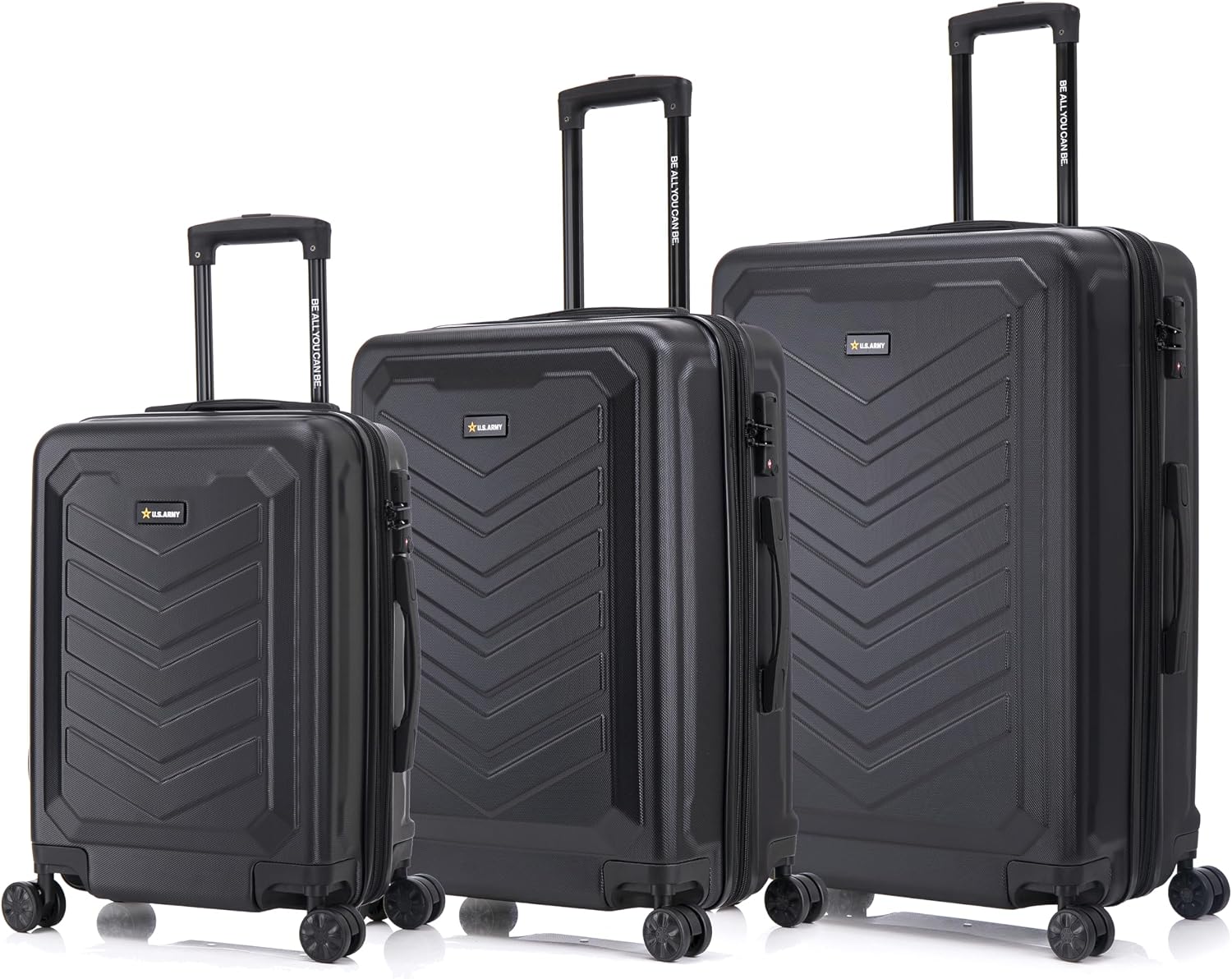 US ARMY Fox Pro 3 Pcs Set Expandable Suitcase with TSA Lock | 20, 24, 28 inch Lightweight Hardshell Luggage with Spinner Wheels, Chevron Icon, Gel Handle, Retractable Trolley, Side Studs | Black