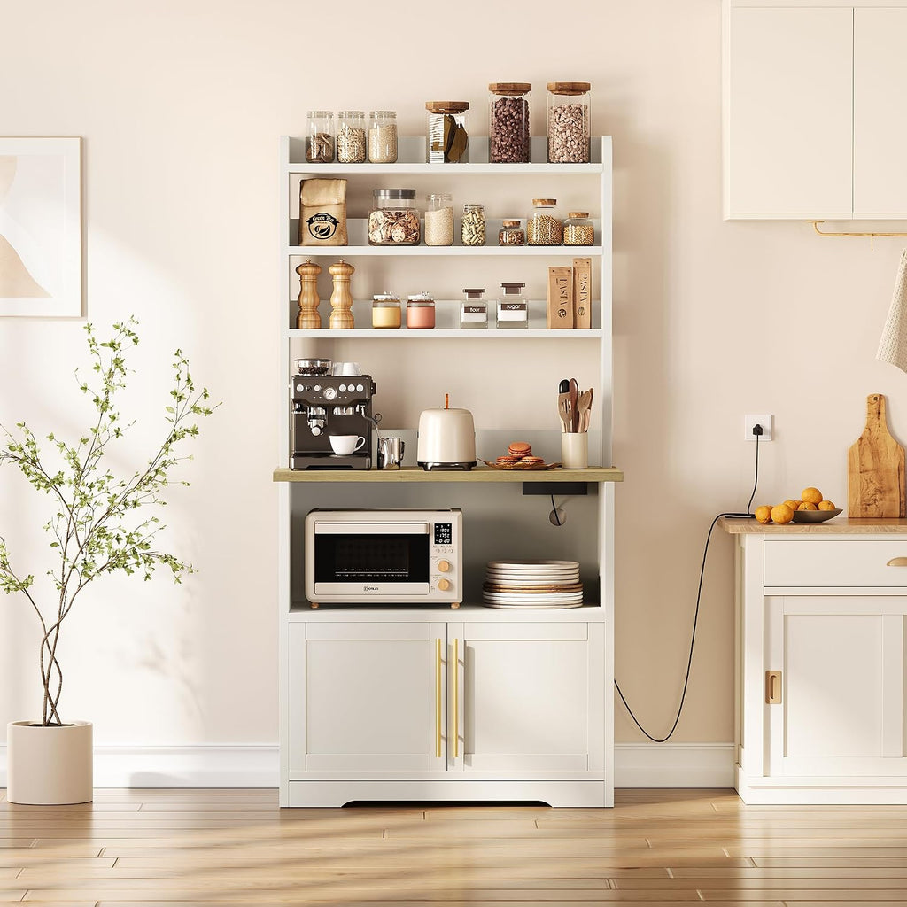 Garvee Farmhouse Bakers Rack with Power Outlets, Microwave Stand with Cabinet, Kitchen Hutch Pantry Cabinet, Kitchen Coffee Bar Cabinet for Spices, Dishes, and Pots, White