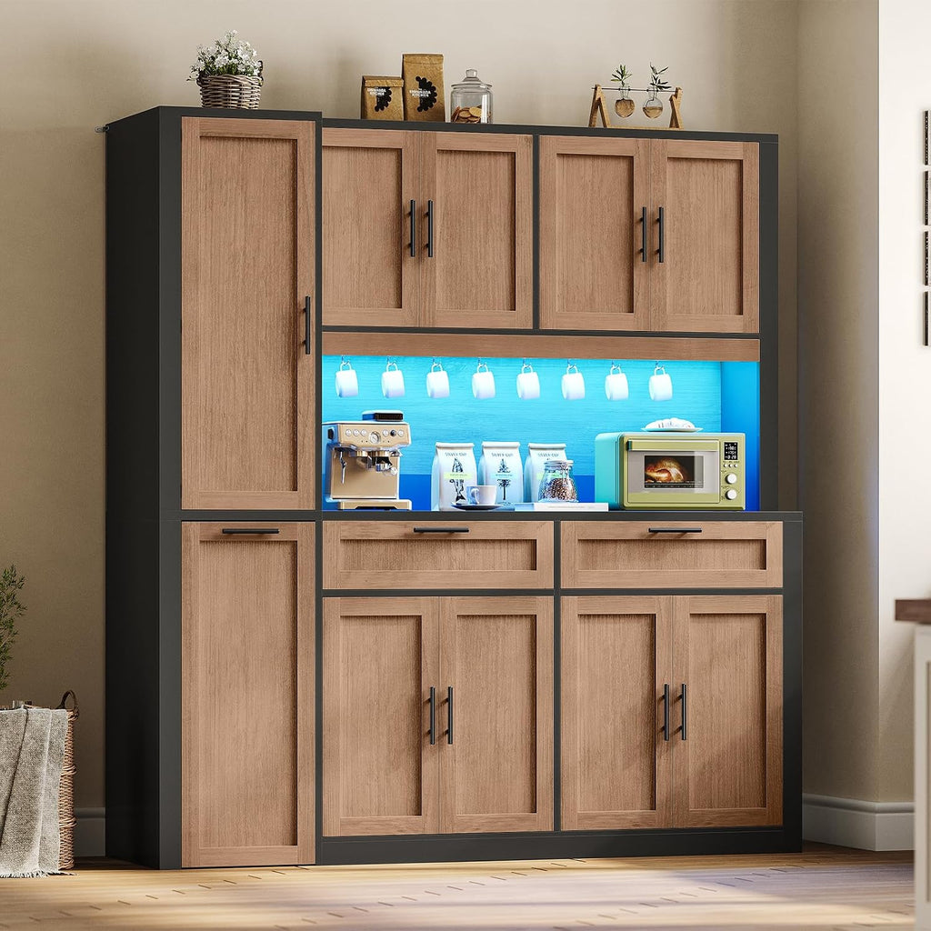 Itaar 71' Kitchen Pantry Cabinet with Charging Station and Led Light, Kitchen Storage Cabinets with Microwave Stand, 59' Wide Pantry Storage Cabinet with Storage Cart 3 Tier for Dining Room, Brown
