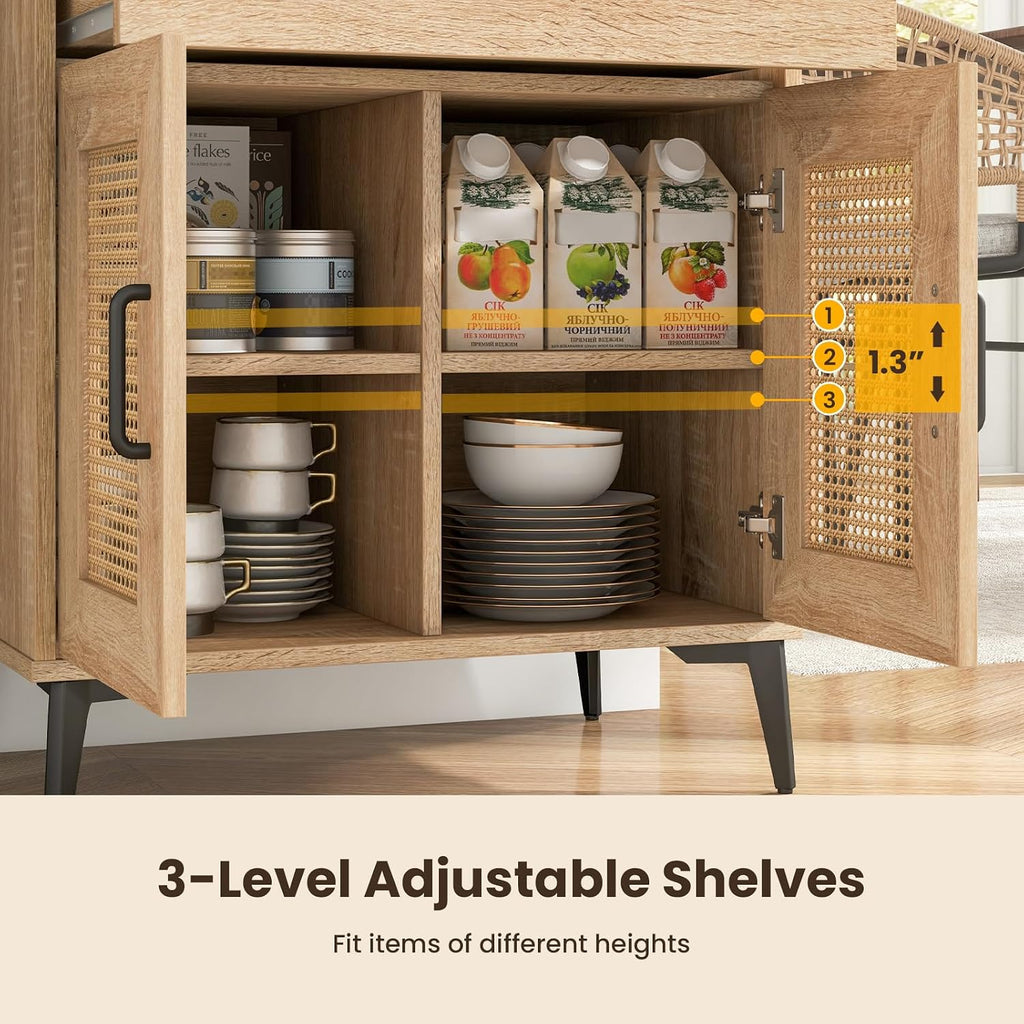 Giantex 45.5' Kitchen Pantry Cabinet, Buffet Sideboard w/Hutch, PVC Rattan Door, DIY Pegboard, Drawer, Adjustable Shelf, Metal Legs, Microwave Stand, Wood Storage Cabinet for Coffee Bar Kitchen (Oak)