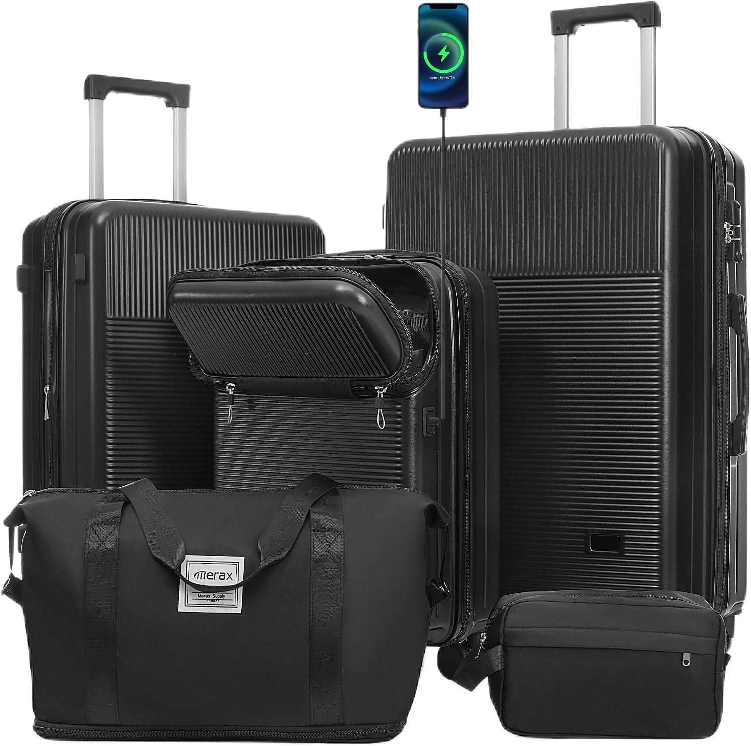 Merax Luggage Sets 5 Piece with Half-opening, Hardside 20' Carry On Suitcase Set with USB Port,Lightweight Travel 24' 28' Luggage with Bags TSA Locks Double Spinner Wheels,Black