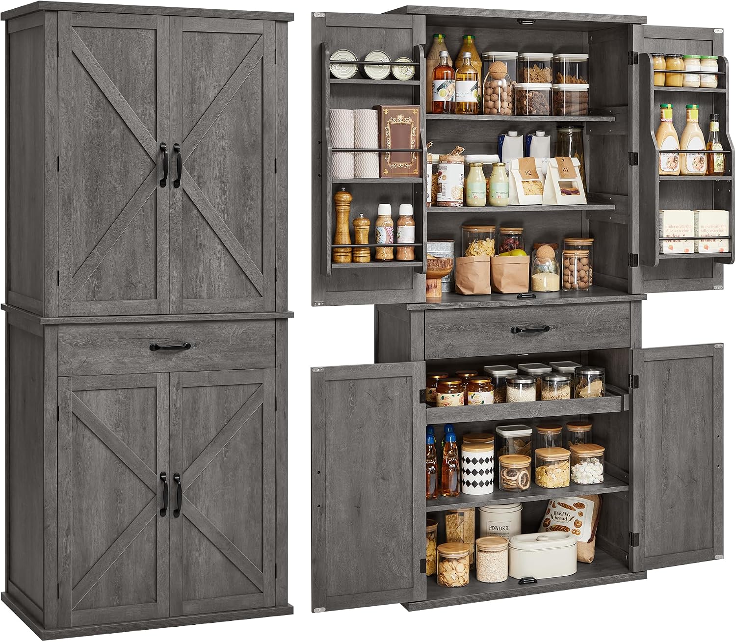 VASAGLE LIRY Collection - Pantry Cabinet, 70.3-Inch Tall Farmhouse Kitchen Storage Cabinet with Barn Doors, Drawer, Tray, Adjustable Shelves, for Kitchen, Dining Room, Misty Gray UBBK364G01