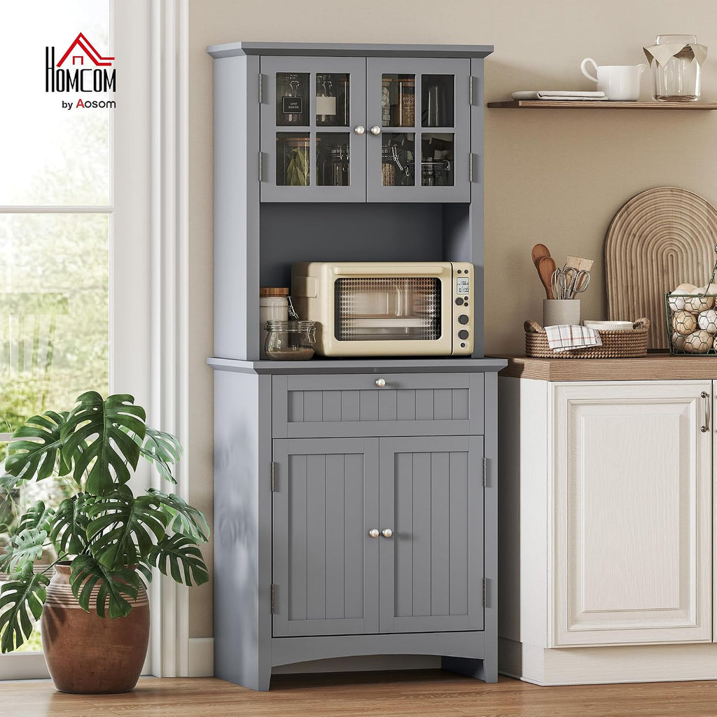 HOMCOM Elegant Buffet with Hutch, Kitchen Pantry Storage Cabinet with Framed Glass Door Drawer and Microwave Space for Dining Room, Living Room, Gray