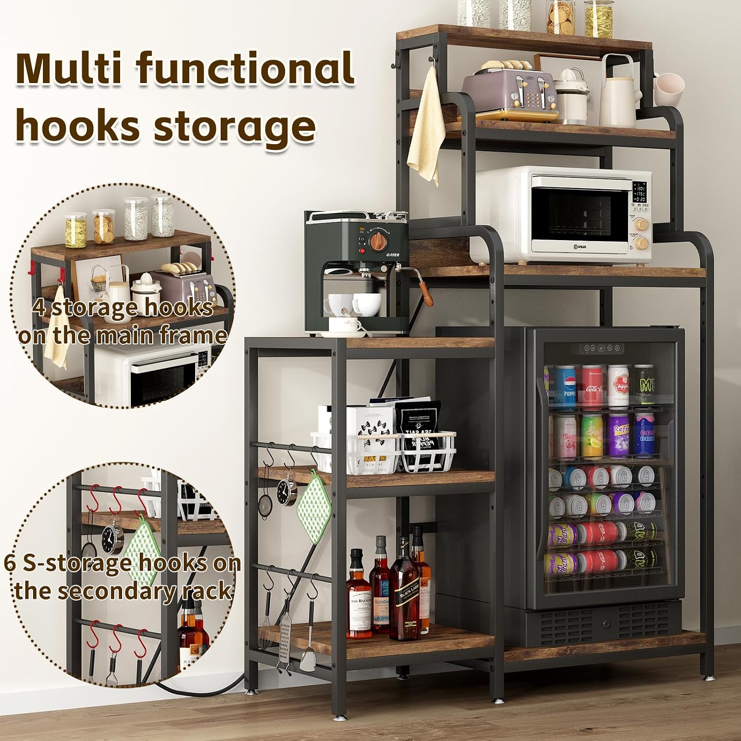 Multifunctional 7 Tier F Microwave Stand with 2 AC,2 USB Outlets Coffee Bar Bakers Rack Storage Shelf, Utility Storage Shelf, FCabinet for Kitchen, Dorm, Living Room, Brown