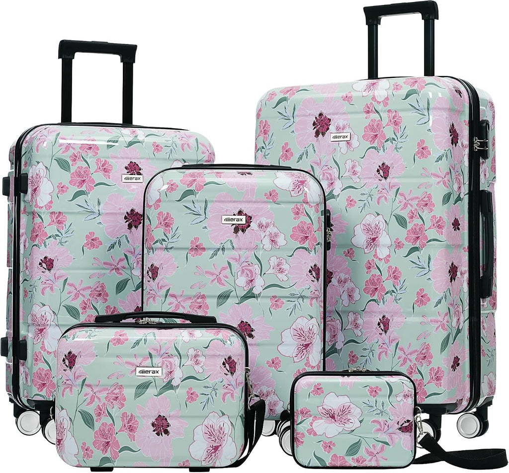 Merax 5 Piece Luggage Set with Spinner Wheels, Lightweight Printing Suitcase Set 8/14/20/24/28 inches, Durable Carry on Luggage with Handbag and Cosmetic Case Suitable all Ages,Green Pink Flower