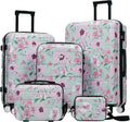 Merax 5 Piece Luggage Set with Spinner Wheels, Lightweight Printing Suitcase Set 8/14/20/24/28 inches, Durable Carry on Luggage with Handbag and Cosmetic Case Suitable all Ages,Green Pink Flower