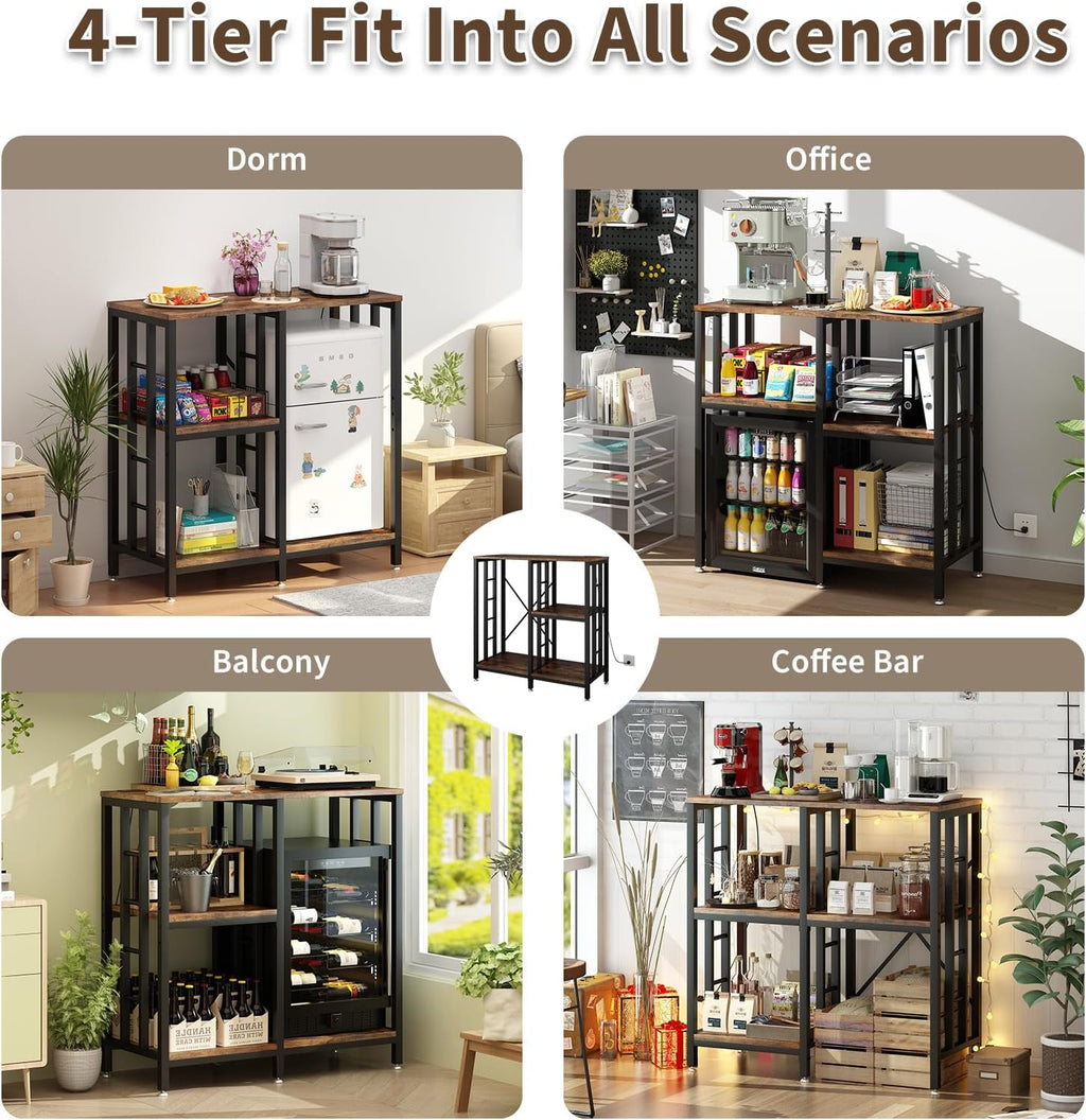 METYERRY Adjustable Mini Fridge Cabinet with Power Outlet,Kitchen Bakers Rack with Storage,Mini Fridge and Microwave Stand, Suitable for Office,Coffee Bar,Living Room, Dorm,Patio,Rustic Brown
