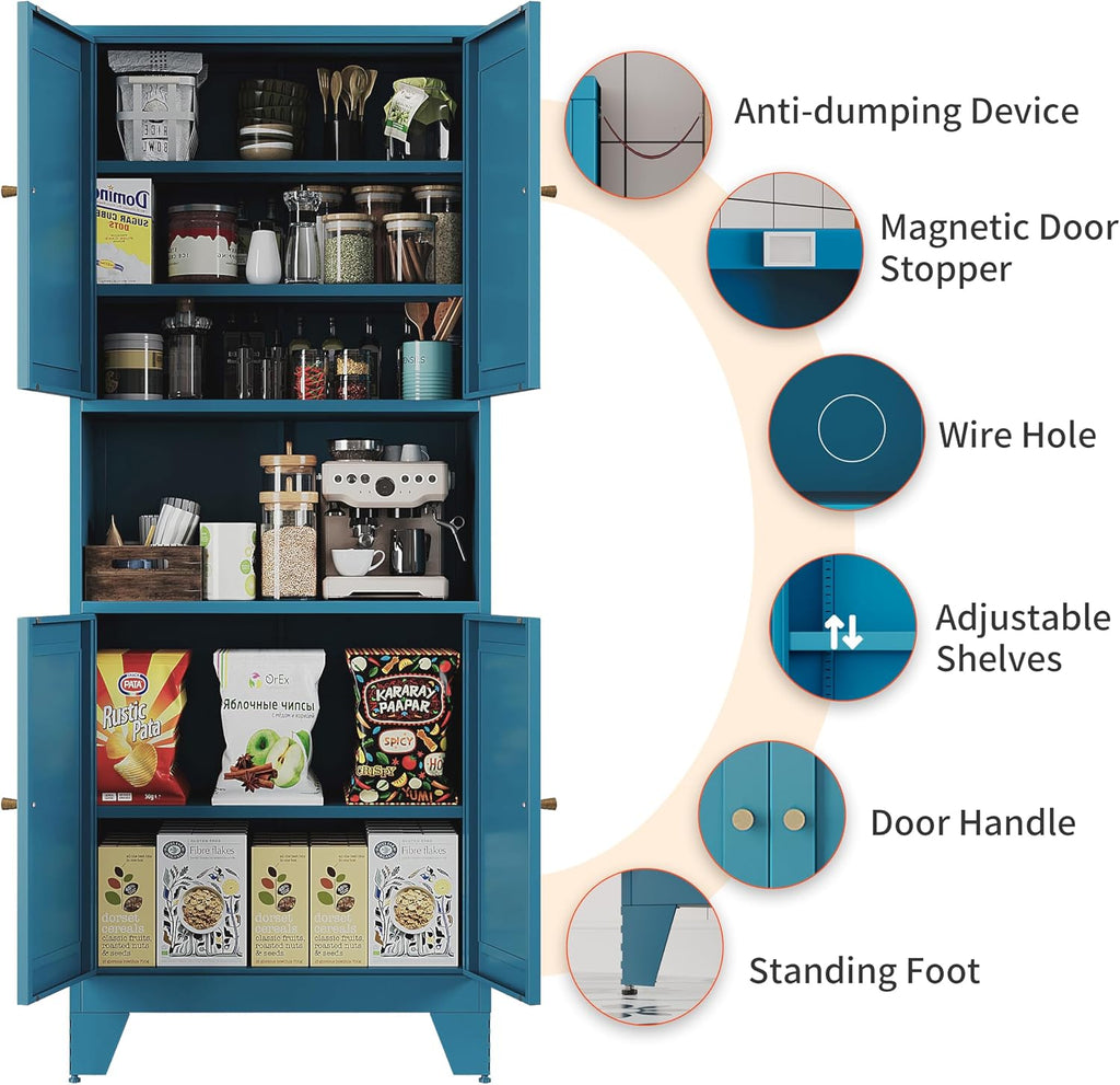 68.9'' Metal Pantry Cabinet, Kitchen Pantry Storage Cabinets with Doors and Microwave Shelf, Tall Freestanding Storage Cabinets with Anti-tip Design, for Dining Room Living Room Bathroom(Blue)