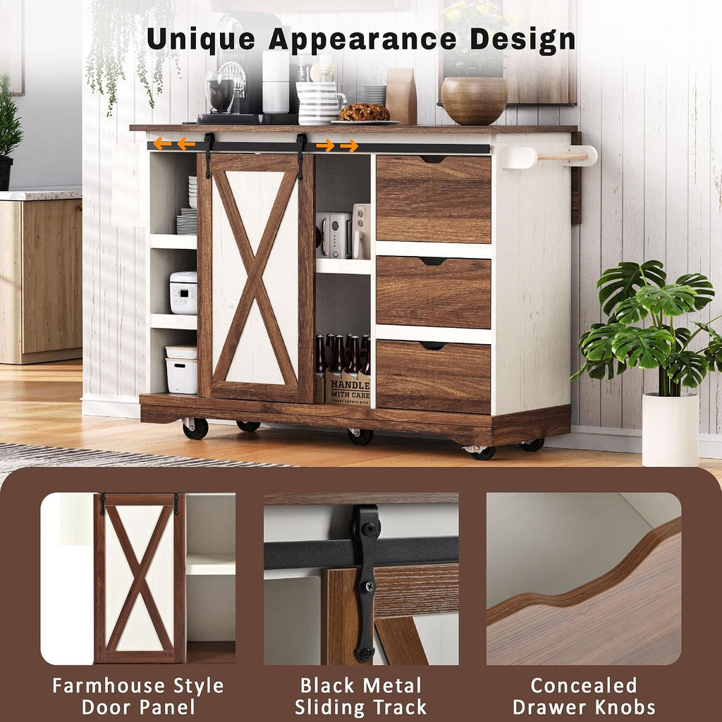 55.5' Farmhouse Kitchen Island with Drop Leaf, Barn Door and Power Outlet, Rolling Kitchen Cart on Wheels with Spice Rack, for Home, Kitchen, Dining Room (White+Brown)