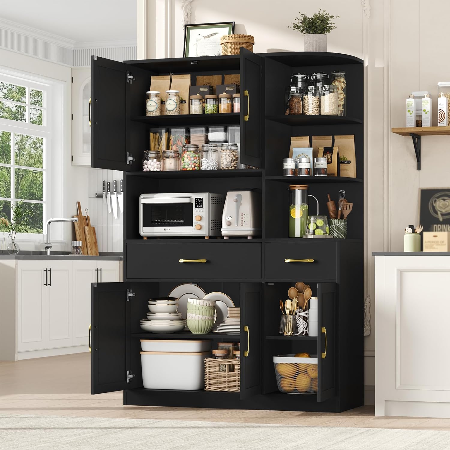 BOTLOG 67' Kitchen Pantry Cabinet, Modern Kitchen Hutch with 5 Doors and 2 Drawers, 3-Tier External Shelf, Large Pantry Storage Cabinet with Microwave Stand for Dining Room, Black