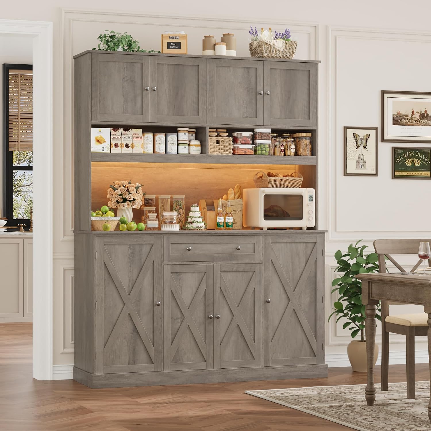 HIFIT 72.8' Tall Kitchen Pantry Cabinet with LED & Charging Station, 55' Wide Farmhouse Pantry Cabinet with Microwave Stand&Shelves&Swing-Out Door, Kitchen Hutch Coffee Bar for Living Room, Grey