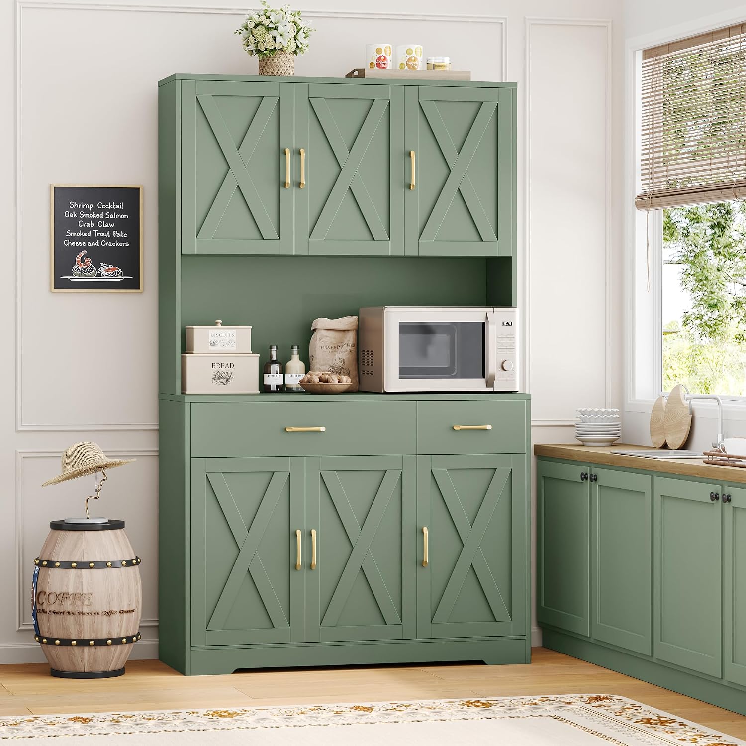 HOSTACK 71' Pantry Cabinet with Charging Station, Tall Kitchen Pantry Storage Cabinet with Microwave Stand, Farmhouse Kitchen Hutch with Storage Drawers for Living Room, Dining Room, Green