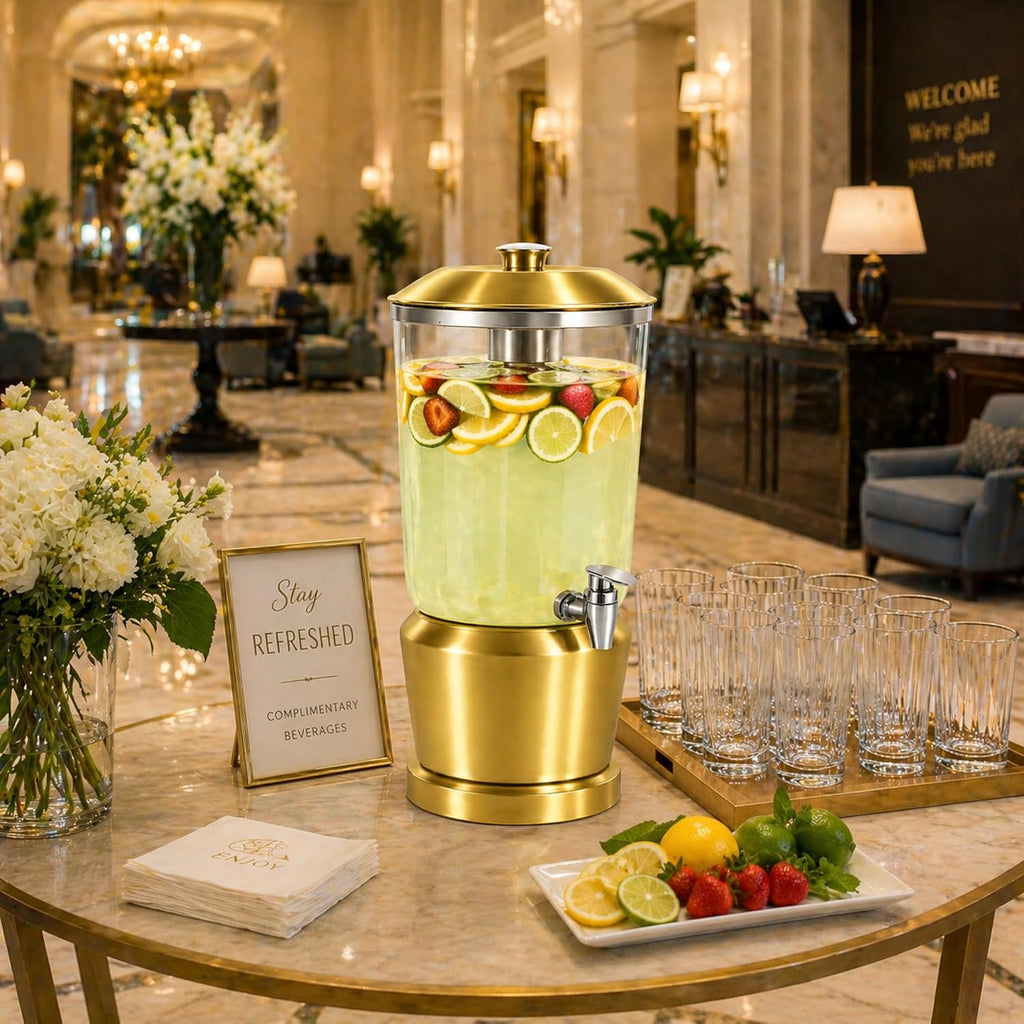 Drink Dispenser with Ice Chambers, Lemonade Tea Water Dispenser with Spigot, Stainless Steel Beverage Jar Jug, Perfect for Home Parties, Weddings, Gifts & Events (Gold, 5, Gallons)