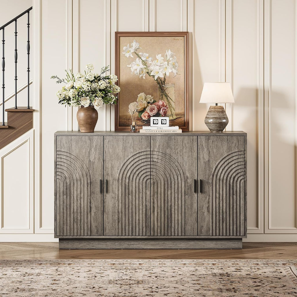 Fluted Sideboard Buffet Cabinet with Storage - 57' Credenza Coffee Bar Cabinet with 4 Doors, Accent Kitchen Storage Cabinets with Adjustable Shelves for Living & Kitchen, Entryway, Modern