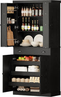 IRONCK Kitchen Pantry Cabinet 72' Height, Freestanding Cupboard with Drawer, Sliding Storage Rack, and 6 Hanging Shelves for Dining Room, Laundry, Living Room, Black