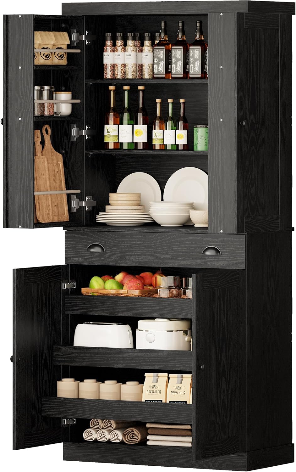 IRONCK Kitchen Pantry Cabinet 72' Height, Freestanding Cupboard with Drawer, Sliding Storage Rack, and 6 Hanging Shelves for Dining Room, Laundry, Living Room, Black