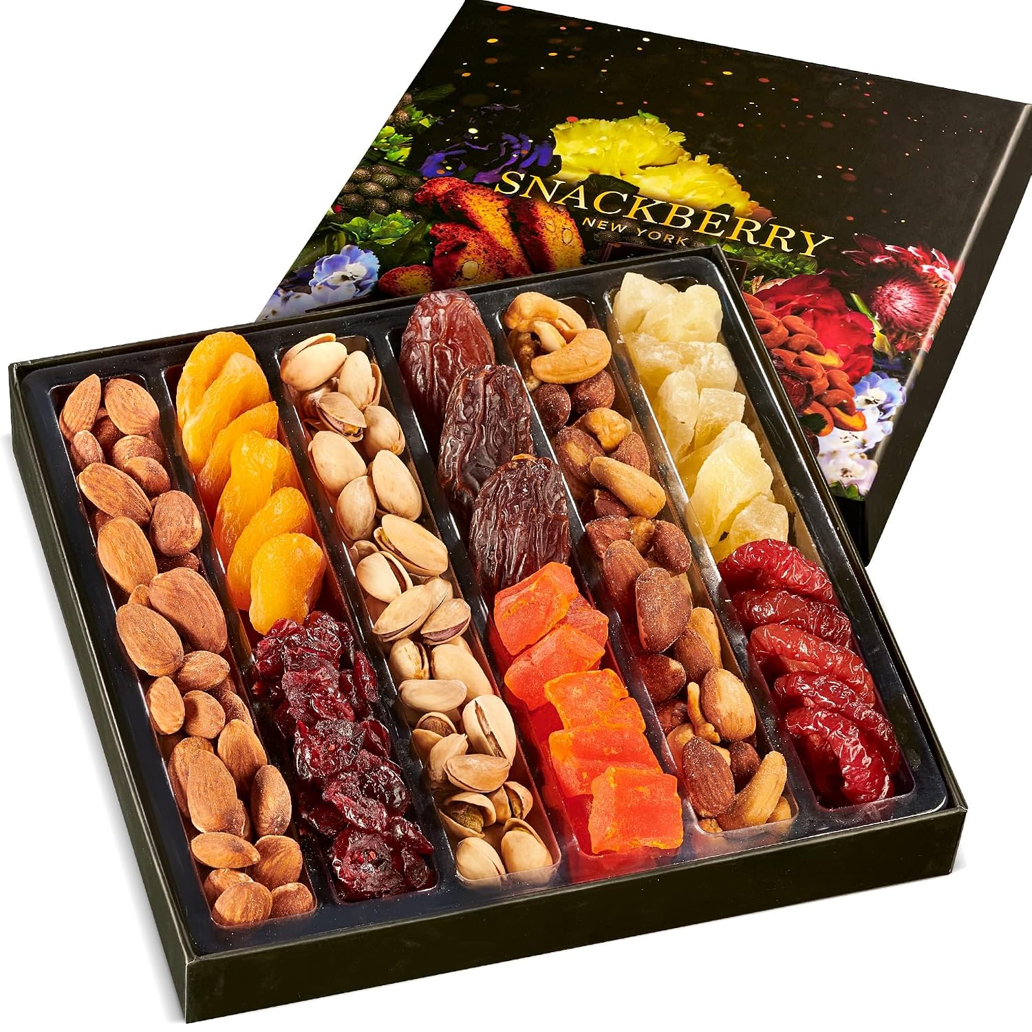 Dried Fruit & Nuts Gift Basket Arrangement Platter, Gourmet Food Snack Box, For Christmas, New Years, Birthday Care Package, Healthy Kosher - Her Him - 9 Snackberry Assortment (12-Pack)