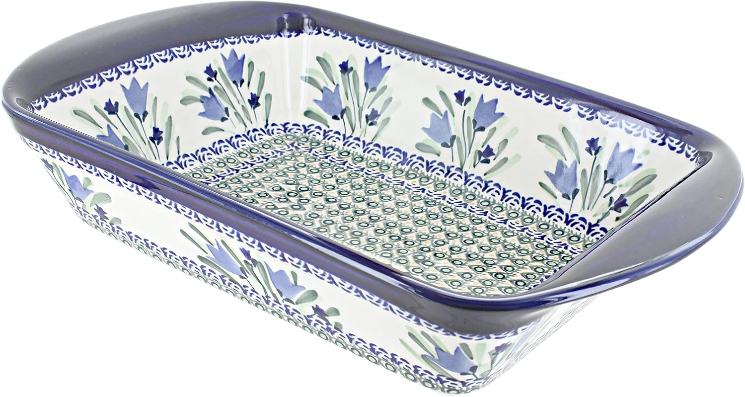 Blue Rose Polish Pottery - Blue Tulip Large Rectangular Baker with Handles - 11.5' x 9.25' - Unique, Dishwasher Safe, & Durable Bakeware