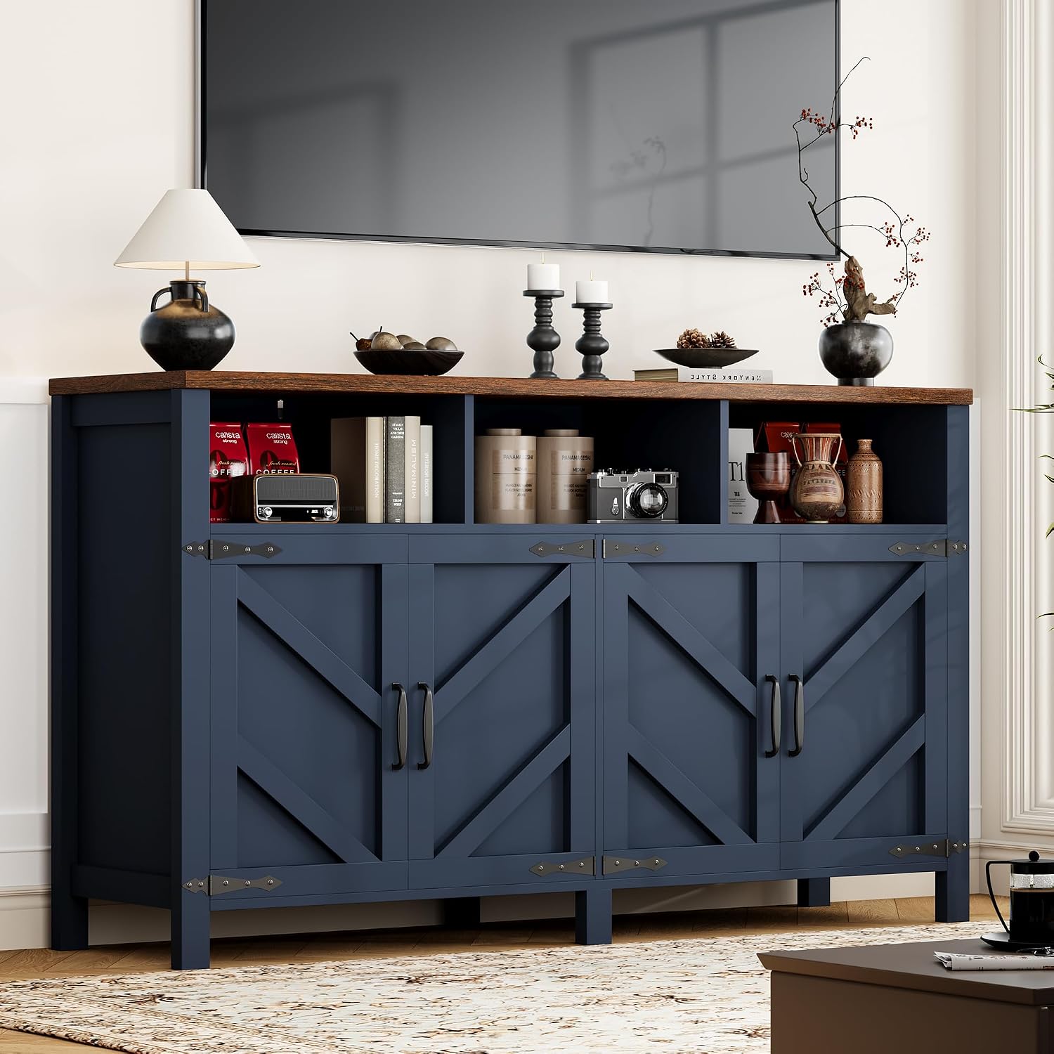 knoworld Buffet Sideboard with Storage Farmhouse with 4 Doors, 55'' Large Kitchen Storage Cabinet Wood Coffee Bar Buffet Table for Kitchen, Dining Room (Blue, 55 in)
