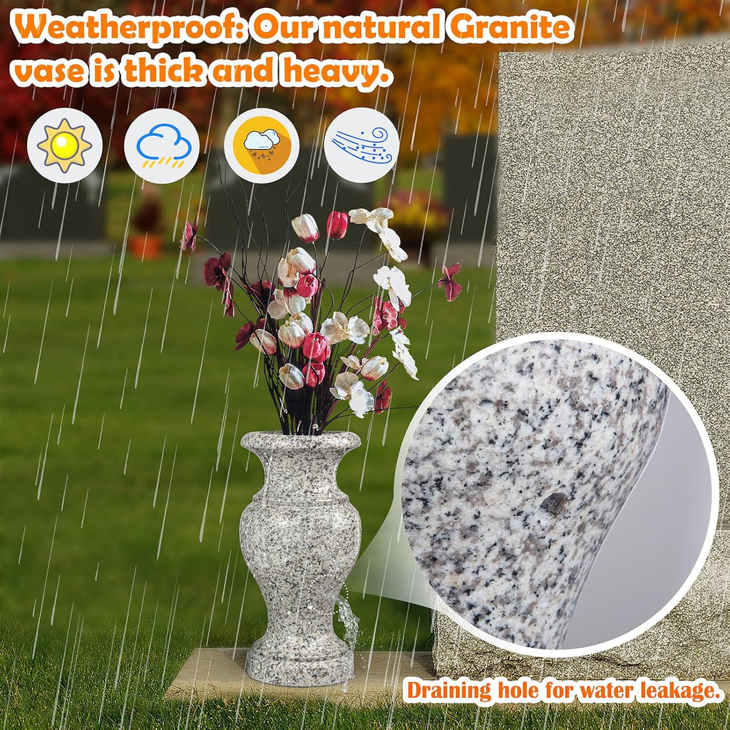 Cemetery Vase, Turned Granite Vase Polished, Memorial Stone Vases with Draining Holes for Home Tabletop, Cemetery Flowers, Grave Headstone Decorations (2Pcs, Grey)