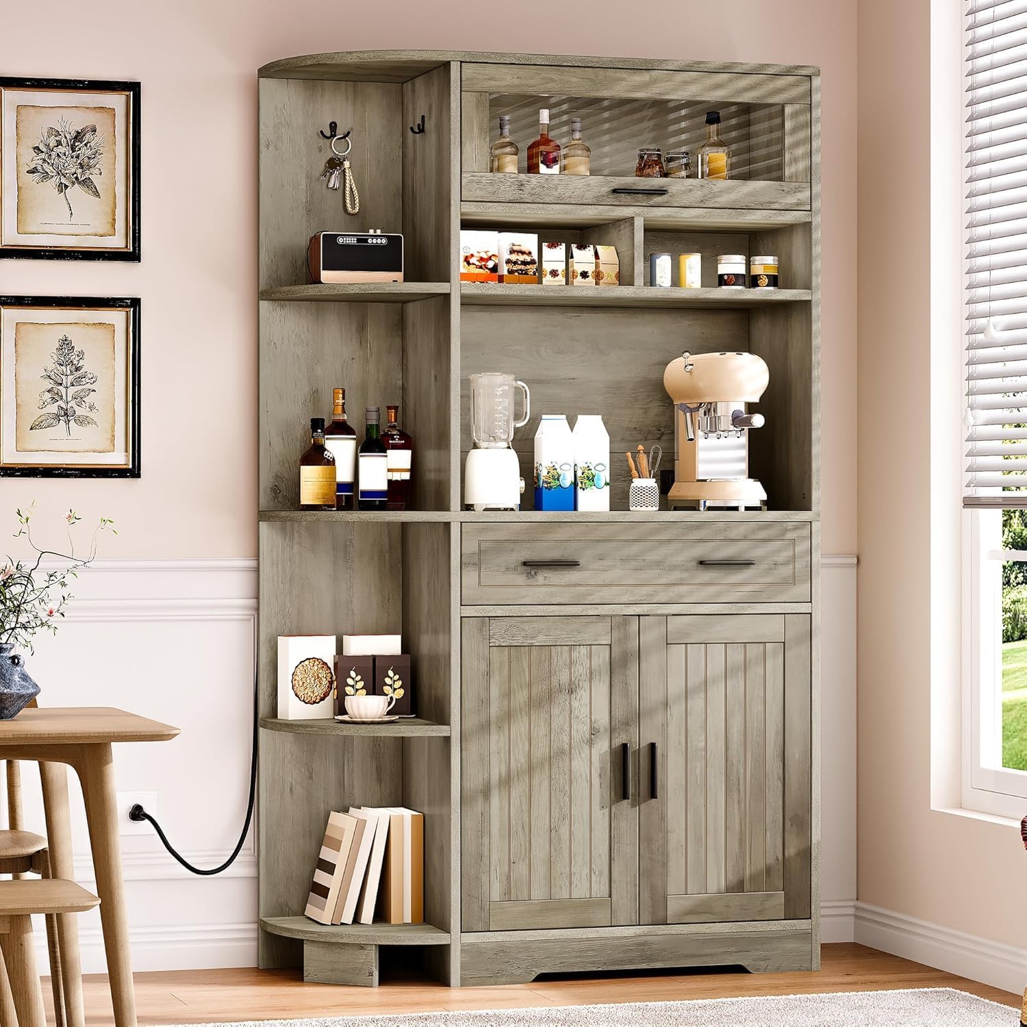 YITAHOME Kitchen Pantry Storage Cabinet, 67' Tall Kitchen Hutch with Outlet & Door & Shelves & Drawer, Farmhouse Wooden Microwave Stand Buffet Coffee Bar for Home Living Dining Room, Antique Gray