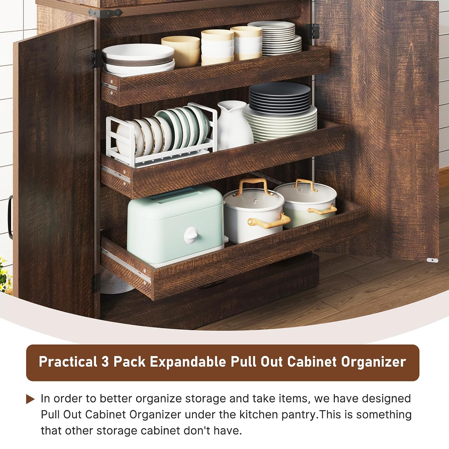 Hlivelood Farmhouse Kitchen Pantry Cabinet with 3 Drawers,71' Tall Rustic Wood Storage Cabinet with 6 Door Shelves,with Load-Bearing Steel Pipe,Pantry Organizers for Kitchen,Dining Room(Rustic Brown)
