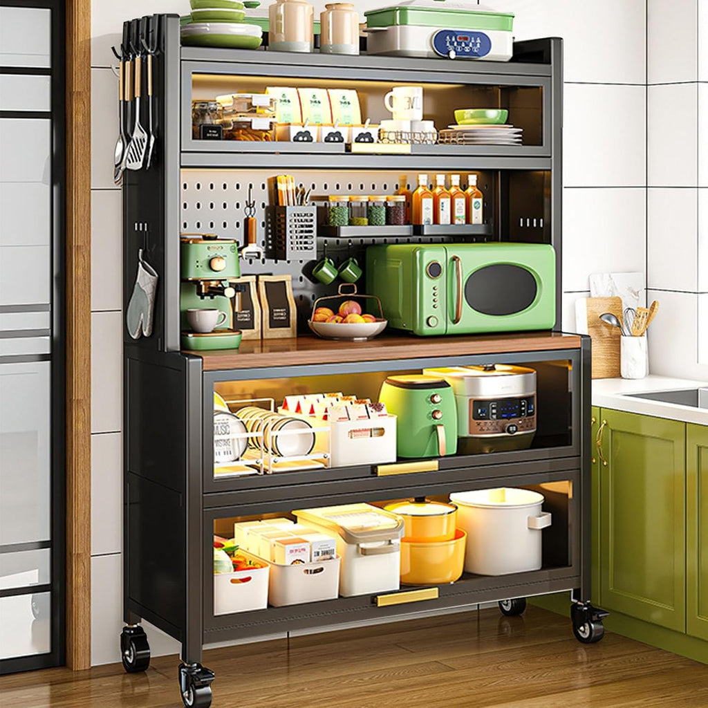 Freestanding Multi-Layer Kitchen Floor Cupboard，Microwave Storage Stand,Kitchen Cabinet Storage, Bakers Rack with Power Outlets, 5-Tier Kitchen Storage Shelf, Large Kitchen Storage Shelves w