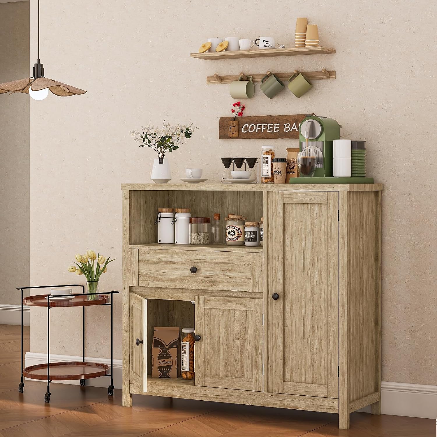 Viaozutis Coffee Bar Cabinet with Doors and Drawer, 35.4' Kitchen Storage Cabinet with Adjustable Shelf, Freestanding Buffet Sideboard for Dining Room, Bathroom, Entryway（Grey）