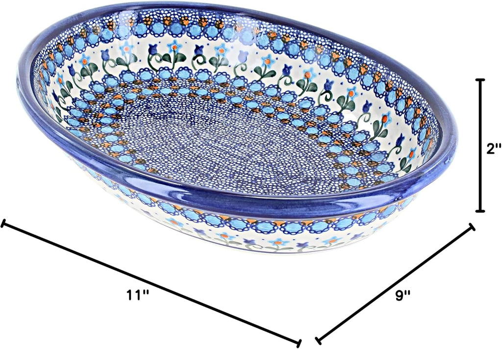 Blue Rose Polish Pottery - Blue Savannah Oval Baker - 11.75' x 9.25' - Unique, Dishwasher Safe, & Durable Bakeware