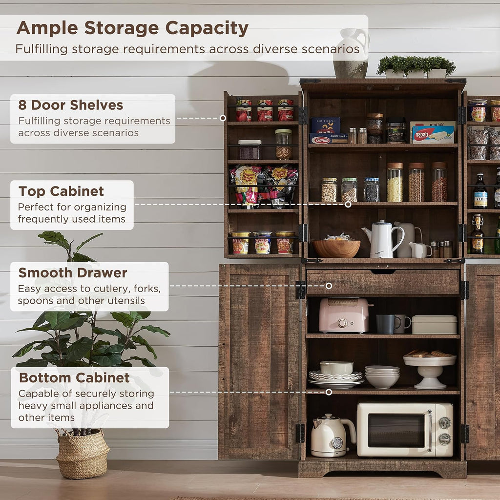 ACCOHOHO 72' Tall Kitchen Pantry, Farmhouse Storage Cabinet with Barn Doors, Organizer, Drawer and Adjustable Shelves, Rustic Wood Cupboard for Kitchen, Dining Room, Bathroom, Rustic Brown