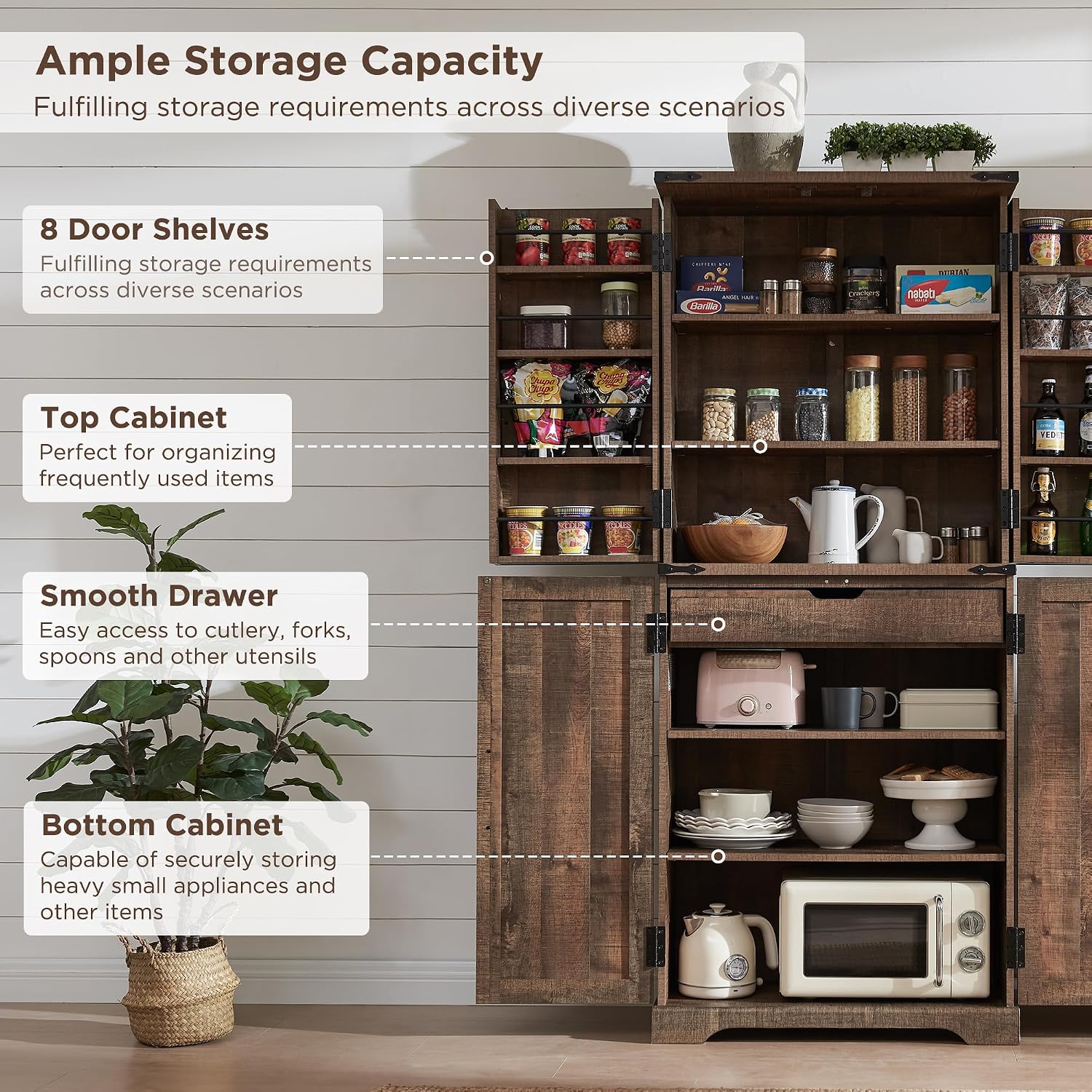 ACCOHOHO 72' Tall Kitchen Pantry, Farmhouse Storage Cabinet with Barn Doors, Organizer, Drawer and Adjustable Shelves, Rustic Wood Cupboard for Kitchen, Dining Room, Bathroom, Rustic Brown