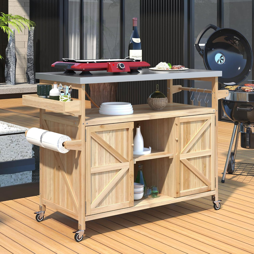 Outdoor Kitchen Island Rolling Bar Cart & Storage Cabinet Farmhouse Solid Wood Outdoor Grill Table with Stainless Steel Top, Spice Rack, Towel Rack for Dining Room Kitchens Barbecue Natural